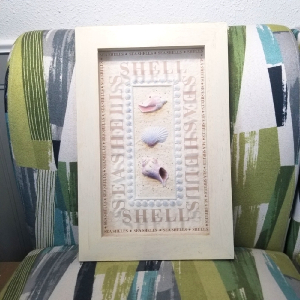Shells Trio Print Seashell Paper Mache Relief In Wood Frame Wall Art Modern Home